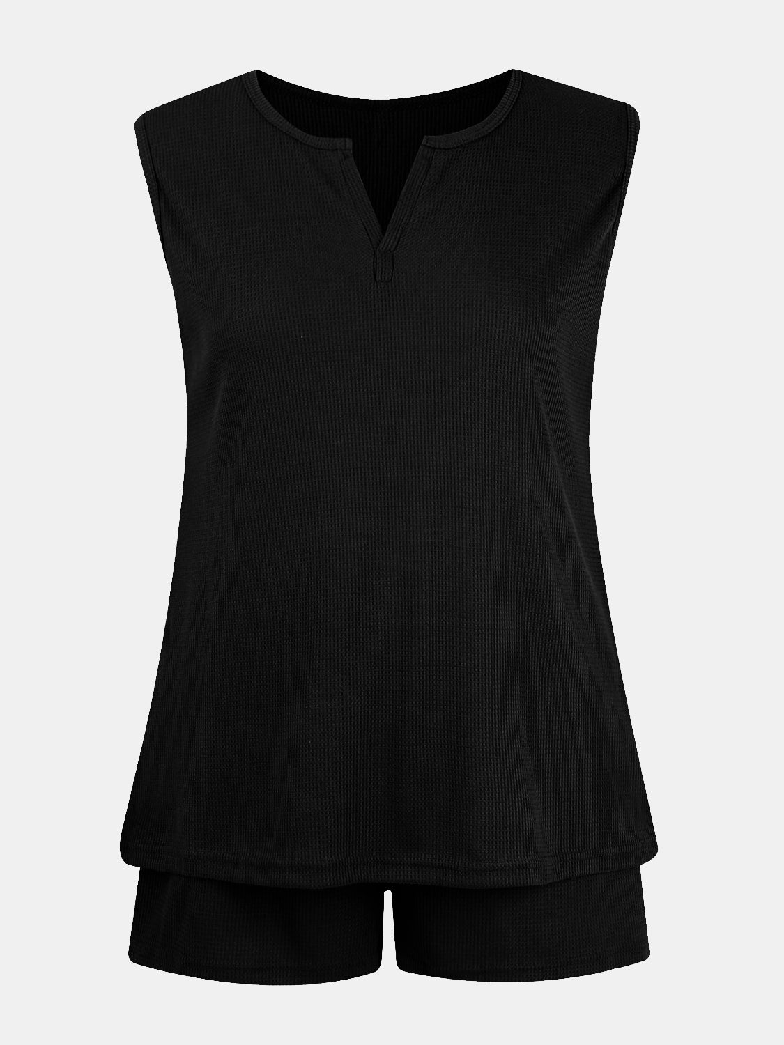 Full Size Waffle-Knit Notched Top and Shorts Set 