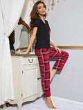 Heart Graphic V-Neck Top and Plaid Pants Lounge Set Lingerie & Nightwear