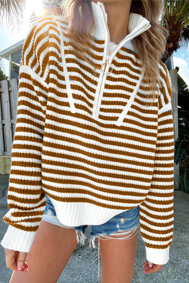 Khaki Stripe Zip up Collar Drop Shoulder Sweater Sweaters & Cardigans/Sweaters