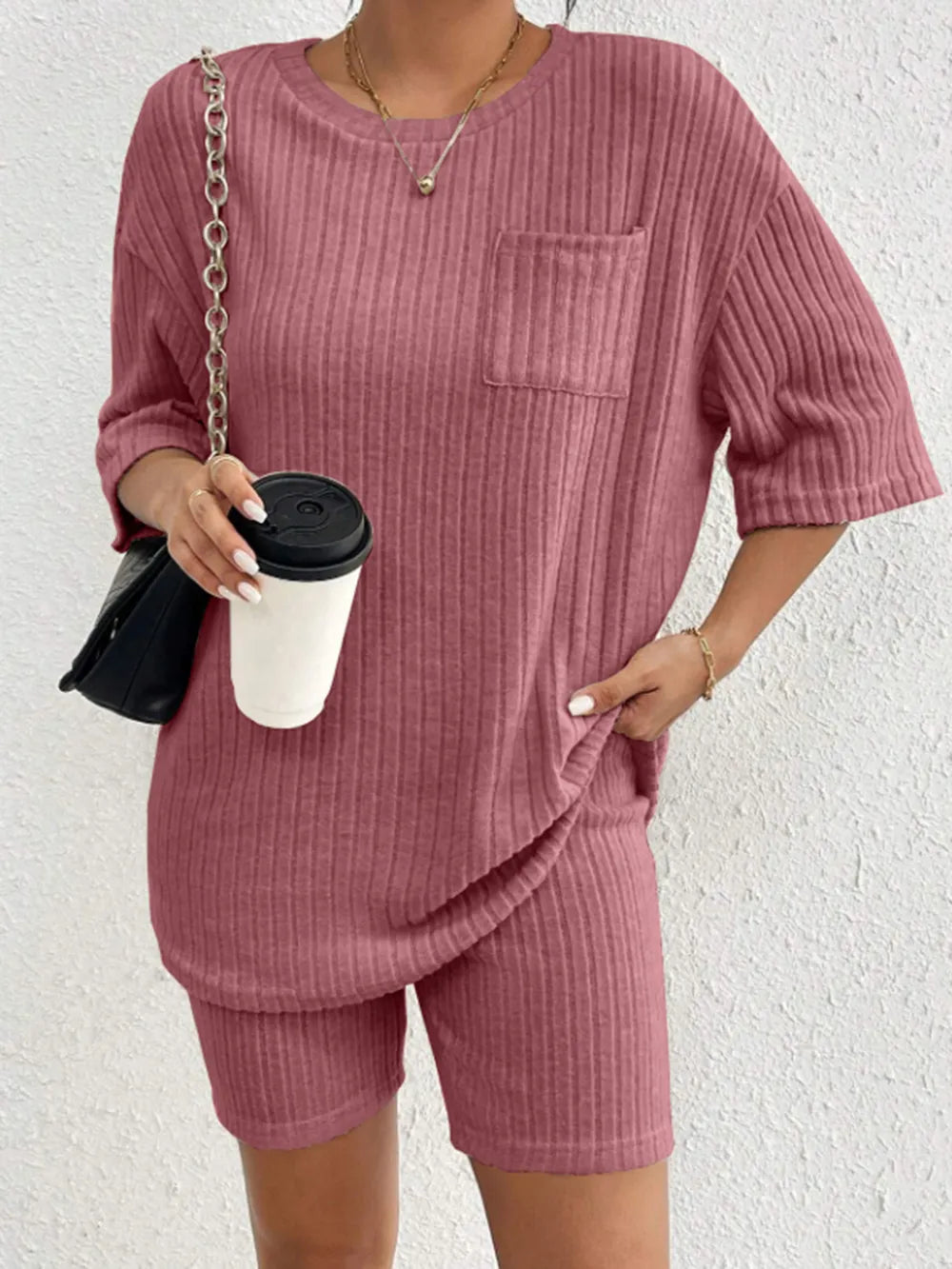 Ribbed Round Neck Top and Shorts Set Two Piece Dresses