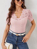 Lace Scalloped V-Neck Eyelet T-Shirt 