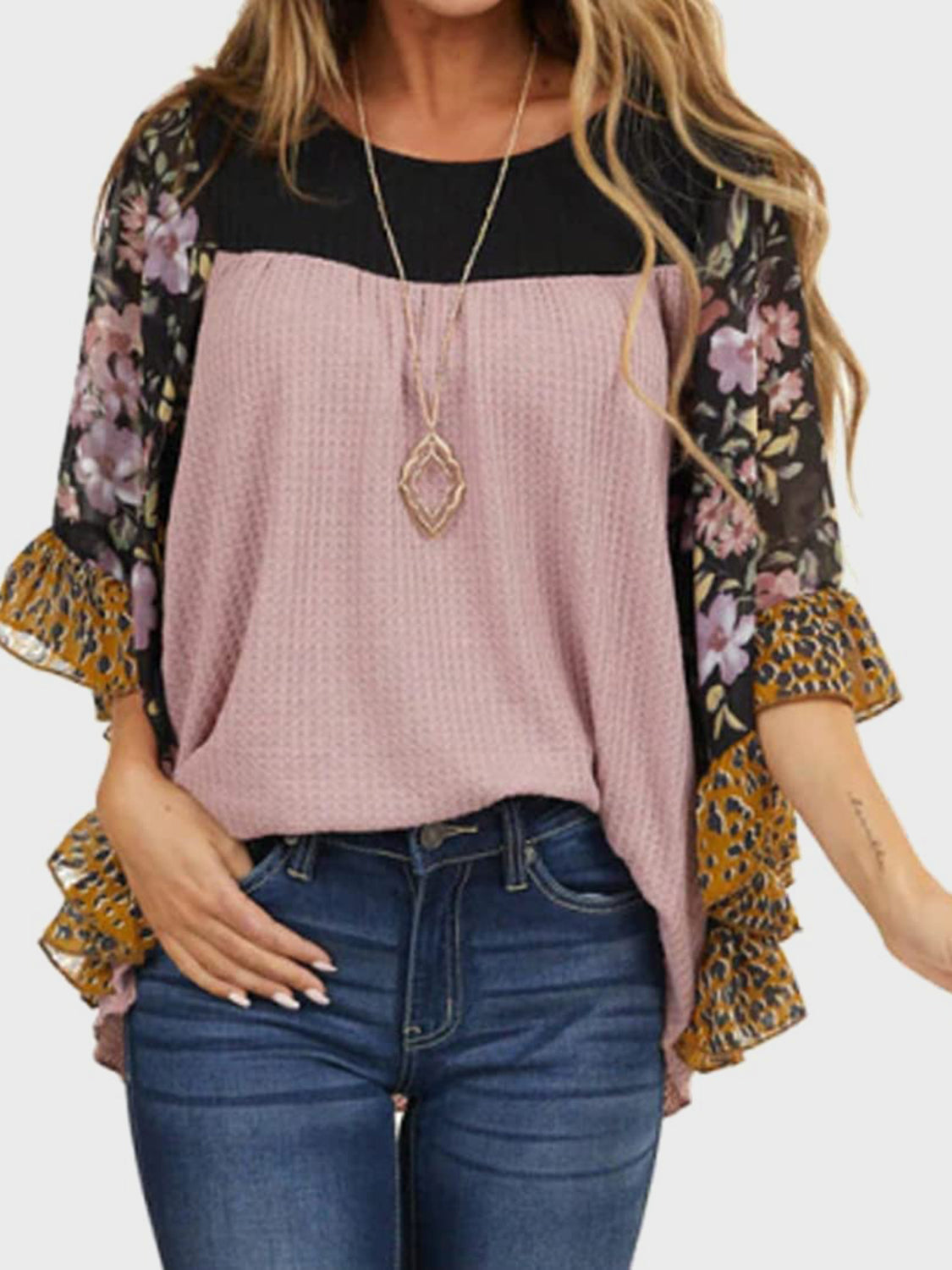Full Size Printed Round Neck Three-Quarter Sleeve Blouse 