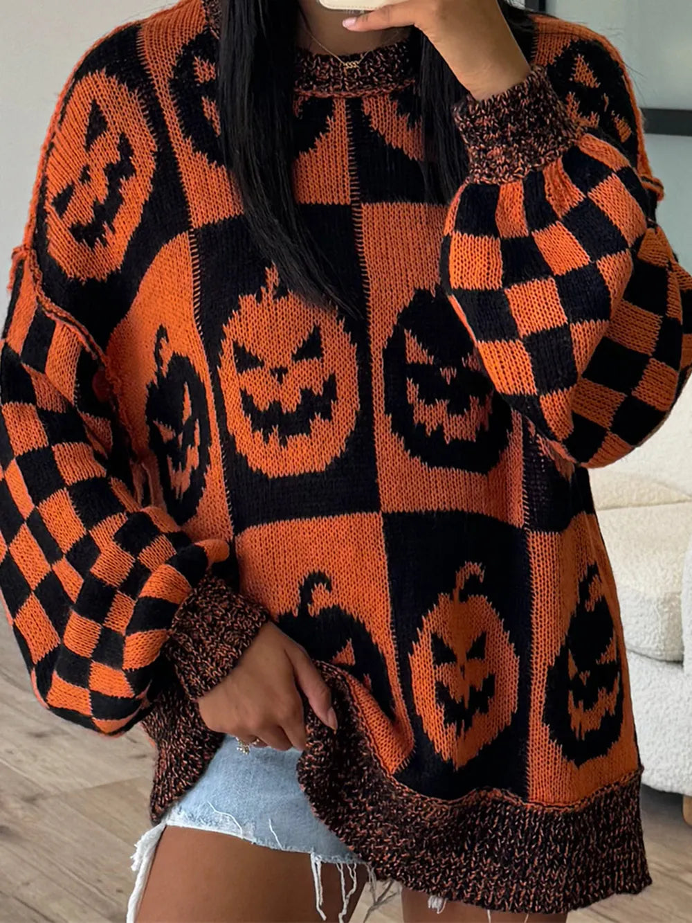 Exposed Seam Pumpkin Round Neck Long Sleeve Sweater 