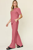 Double Take Full Size Round Neck Short Sleeve T-Shirt and Wide Leg Pants Set 