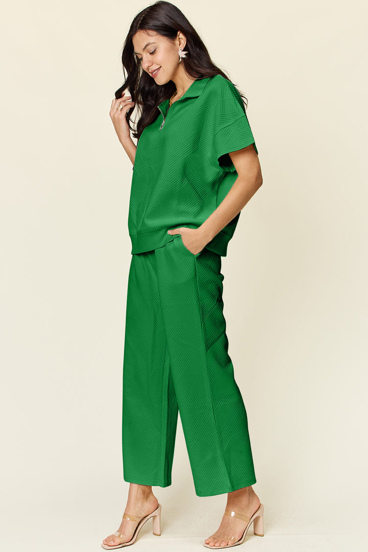 Double Take Full Size Texture Half Zip Short Sleeve Top and Pants Set 