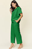 Double Take Full Size Texture Half Zip Short Sleeve Top and Pants Set 