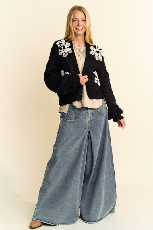 Davi & Dani Floral Applique Open Front Dropped Shoulder Cardigan 