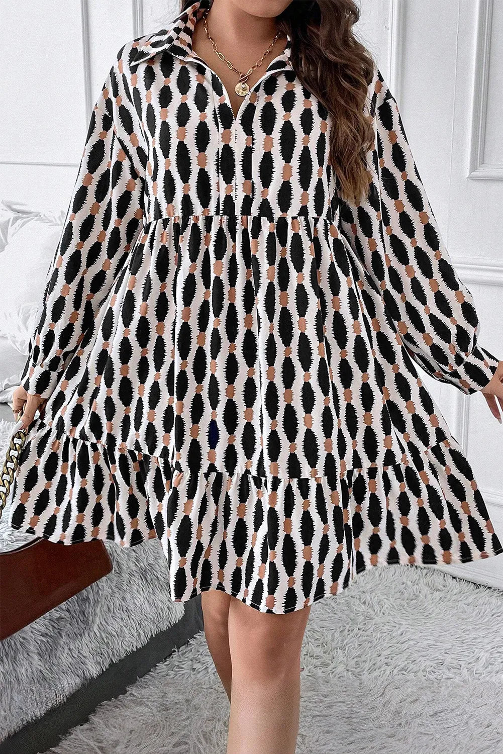 Plus Size Printed Johnny Collar Long Sleeve Dress 