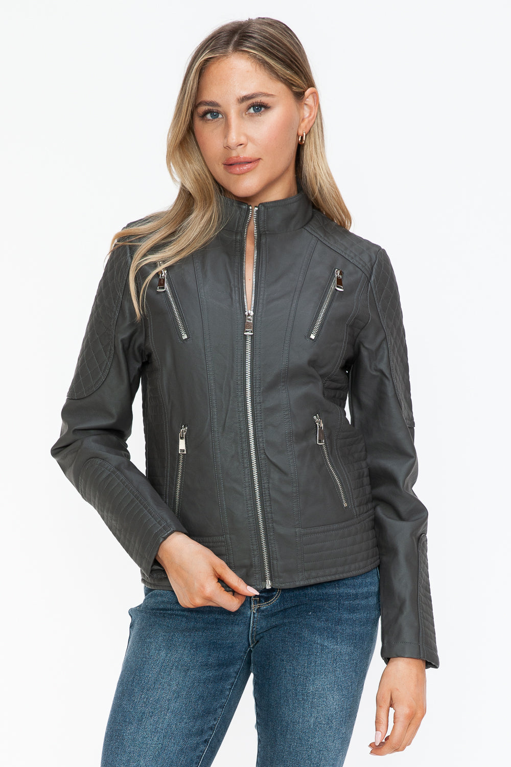 Snobbish Faux Leather Zip Up Mock Neck Jacket 