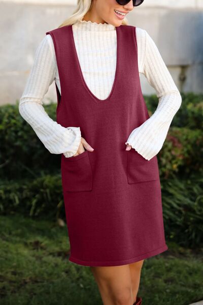 Lovelet Pocketed V-Neck Mini Sweater Overall Dress Dresses