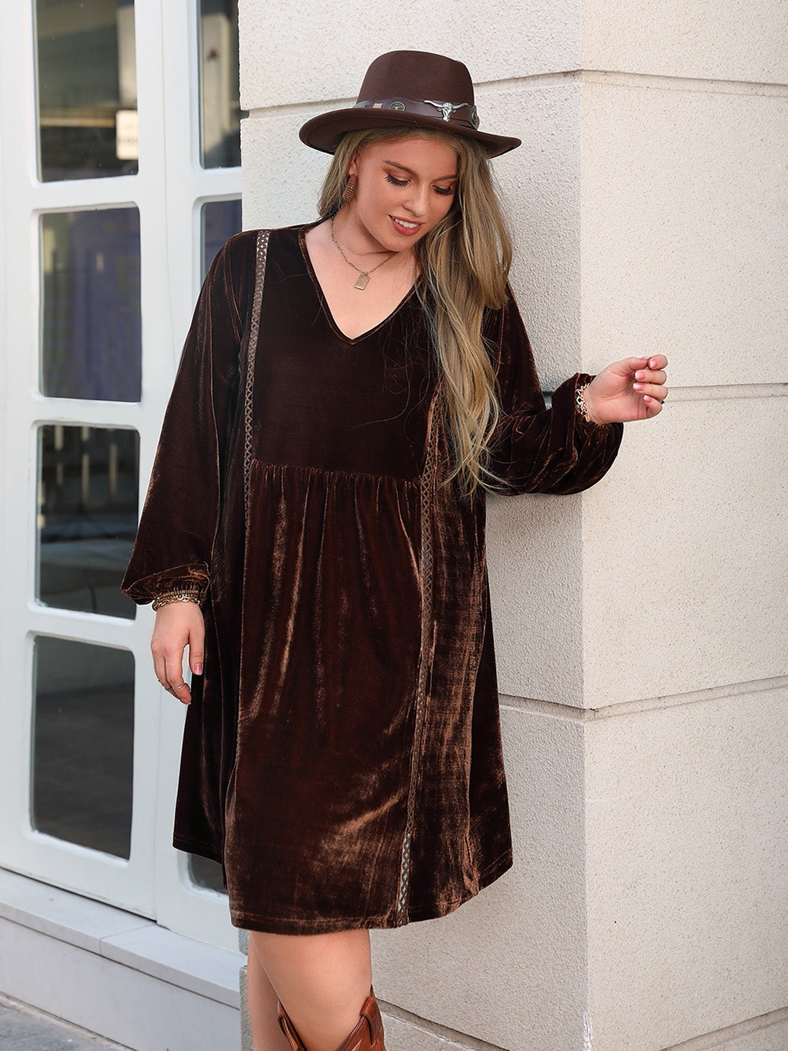 Plus Size V-Neck Balloon Sleeves Dress 