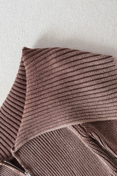 Double Take Ribbed Off-Shoulder Zip Up Long Sleeve Cardigan 