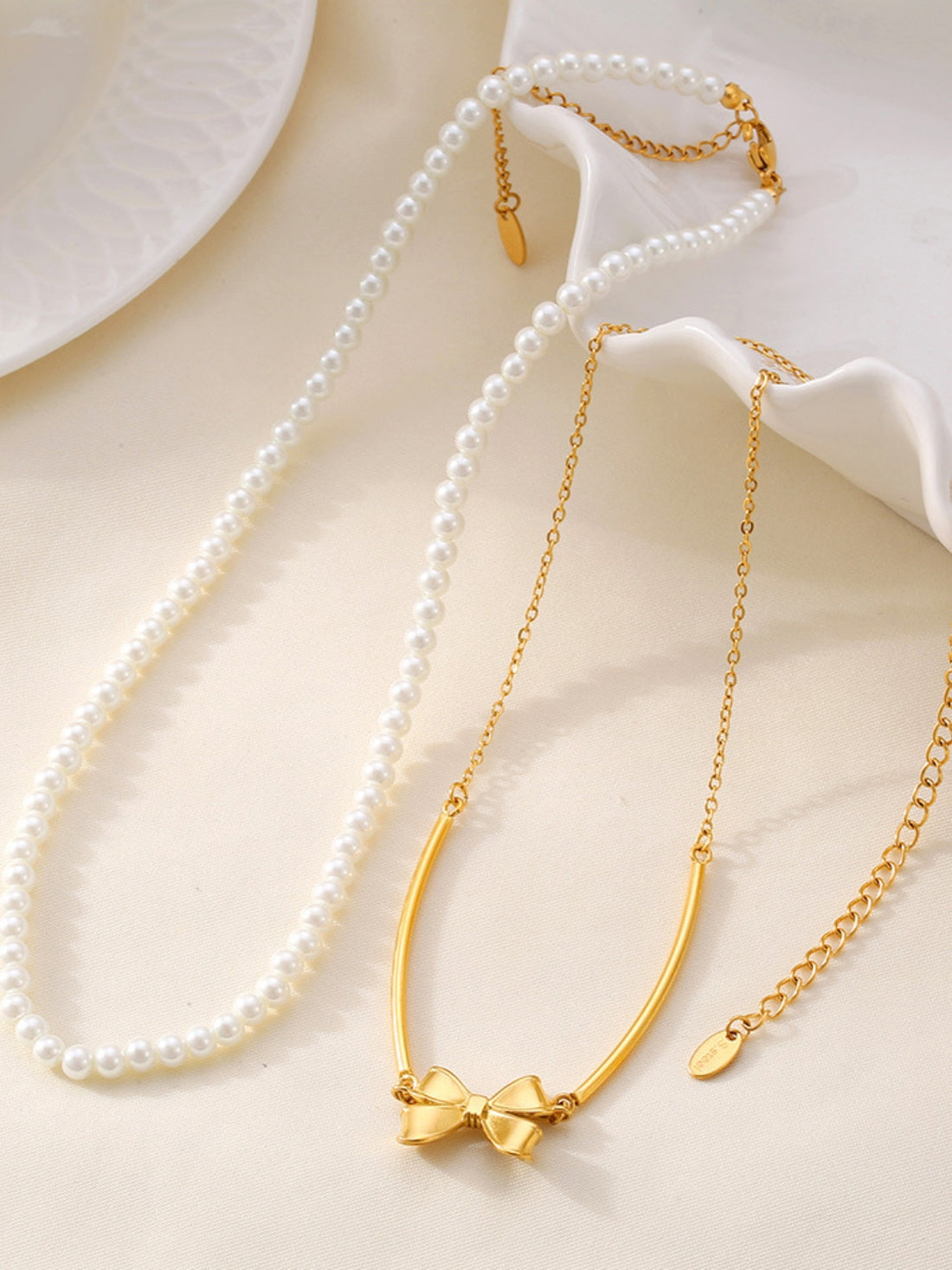 3 Piece Pearl Necklace, Bow Necklace and Stud Earrings Jewelry Set 