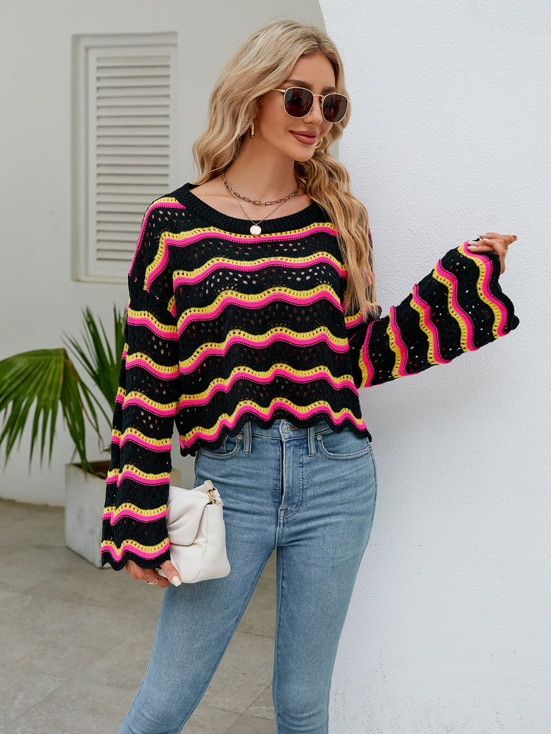 Round Neck Openwork Flare Sleeve Knit Top 
