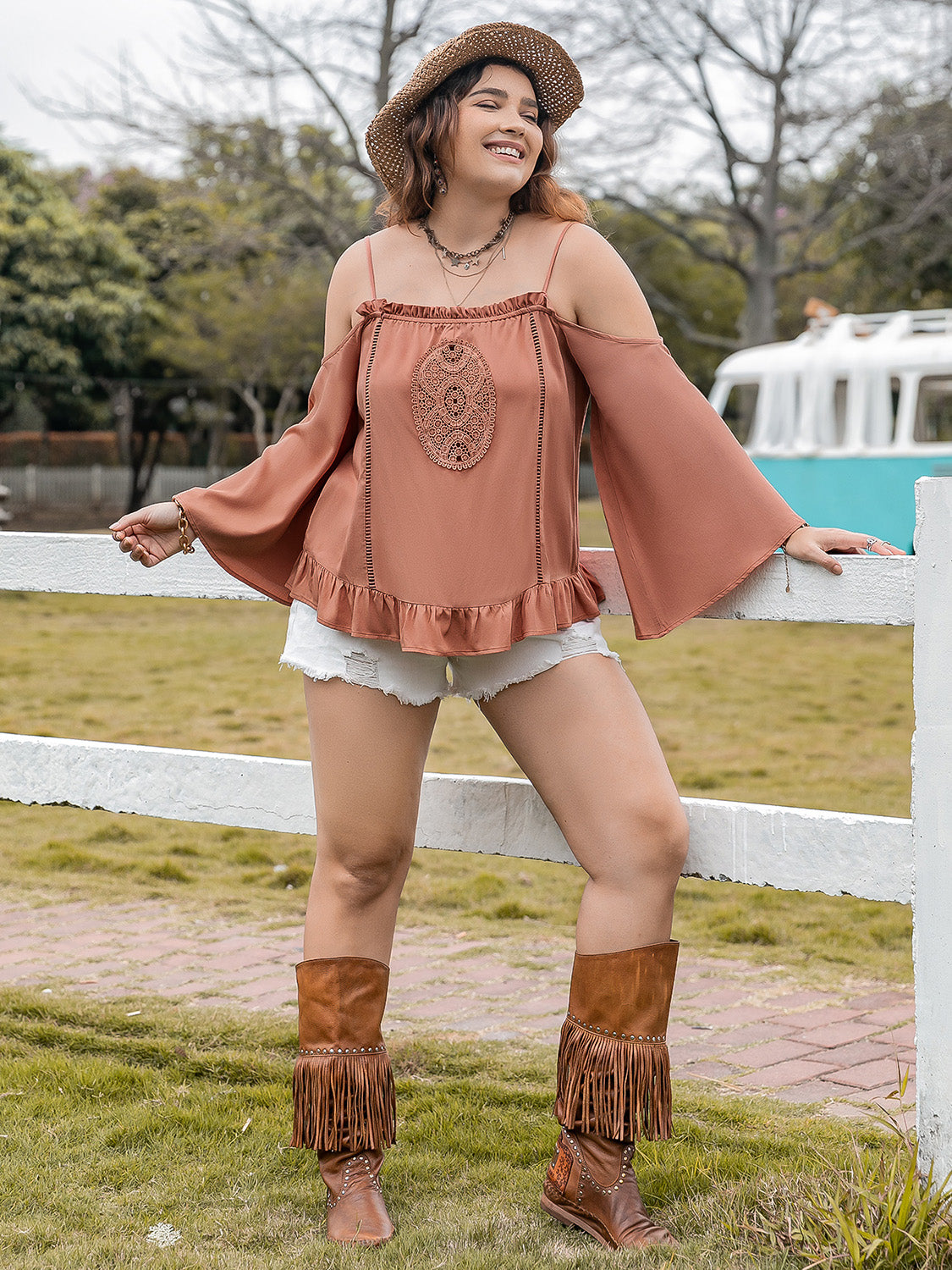 Plus Size Frill Square Neck Long Sleeve Blouse 