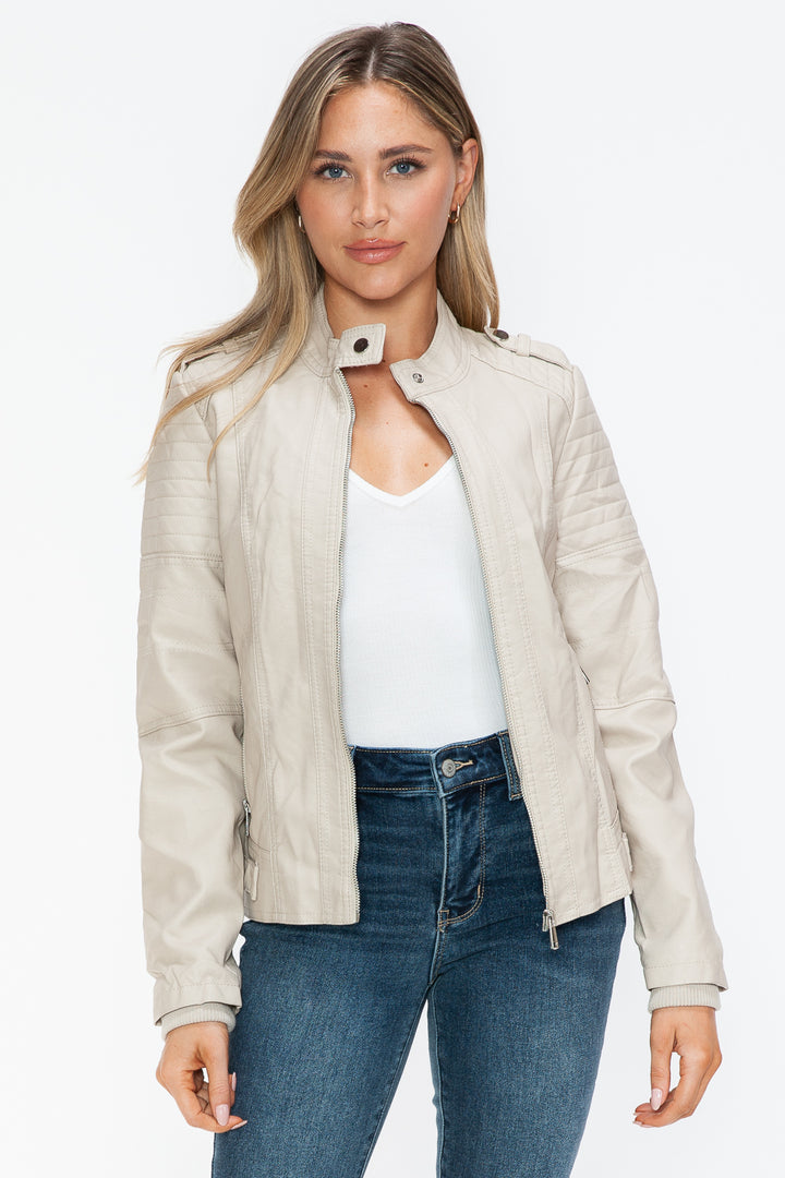 Snobbish PU Leather Biker Jacket with Side Zip Pockets 