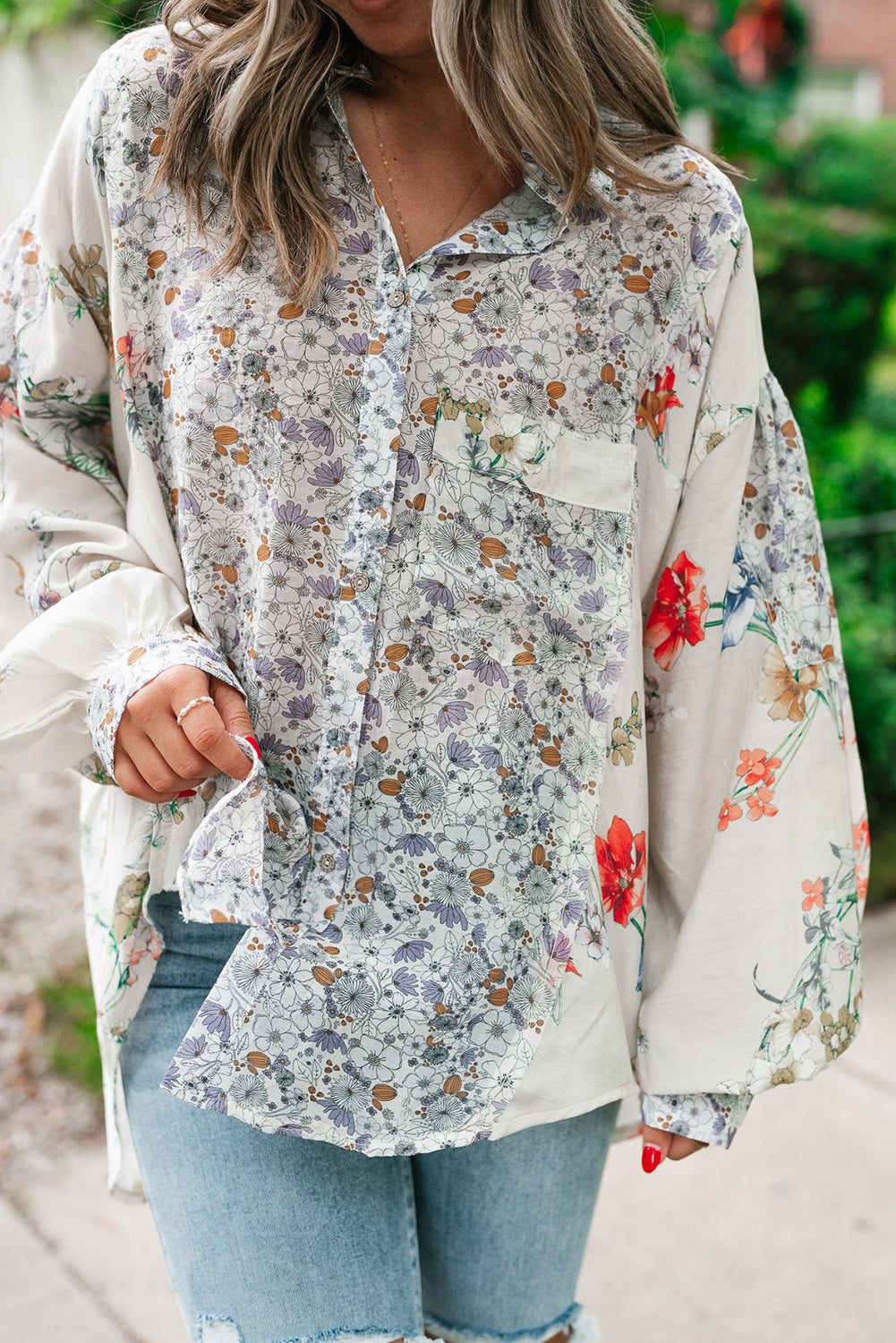 Purple Boho Floral Bishop Sleeve Button Up Loose Shirt Tops/Blouses & Shirts