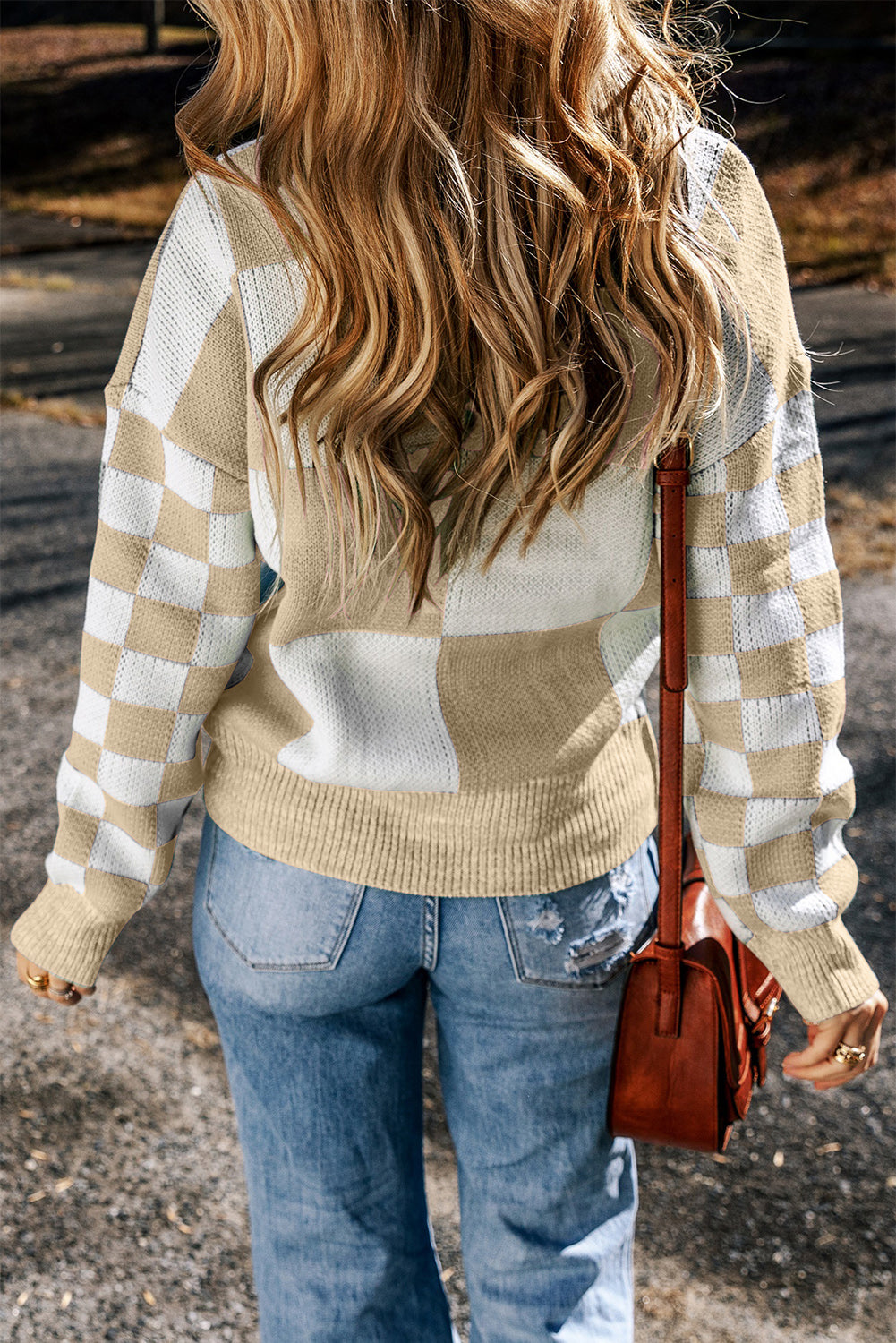 Checkered Round Neck Drop Shoulder Sweater 