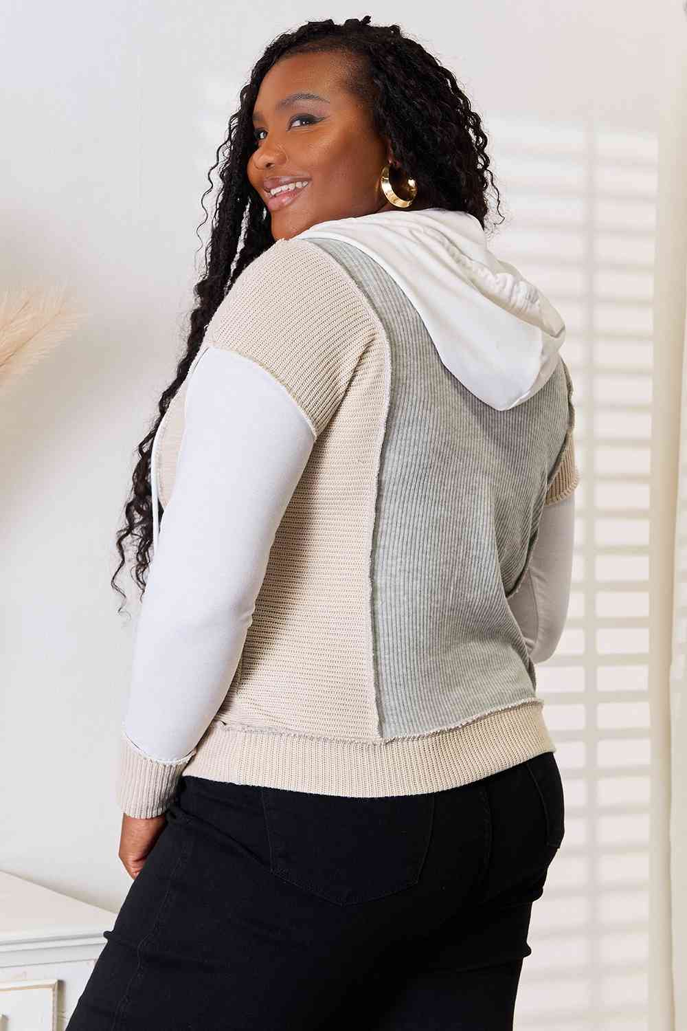 Double Take Color Block Exposed Seam Drawstring Hoodie 