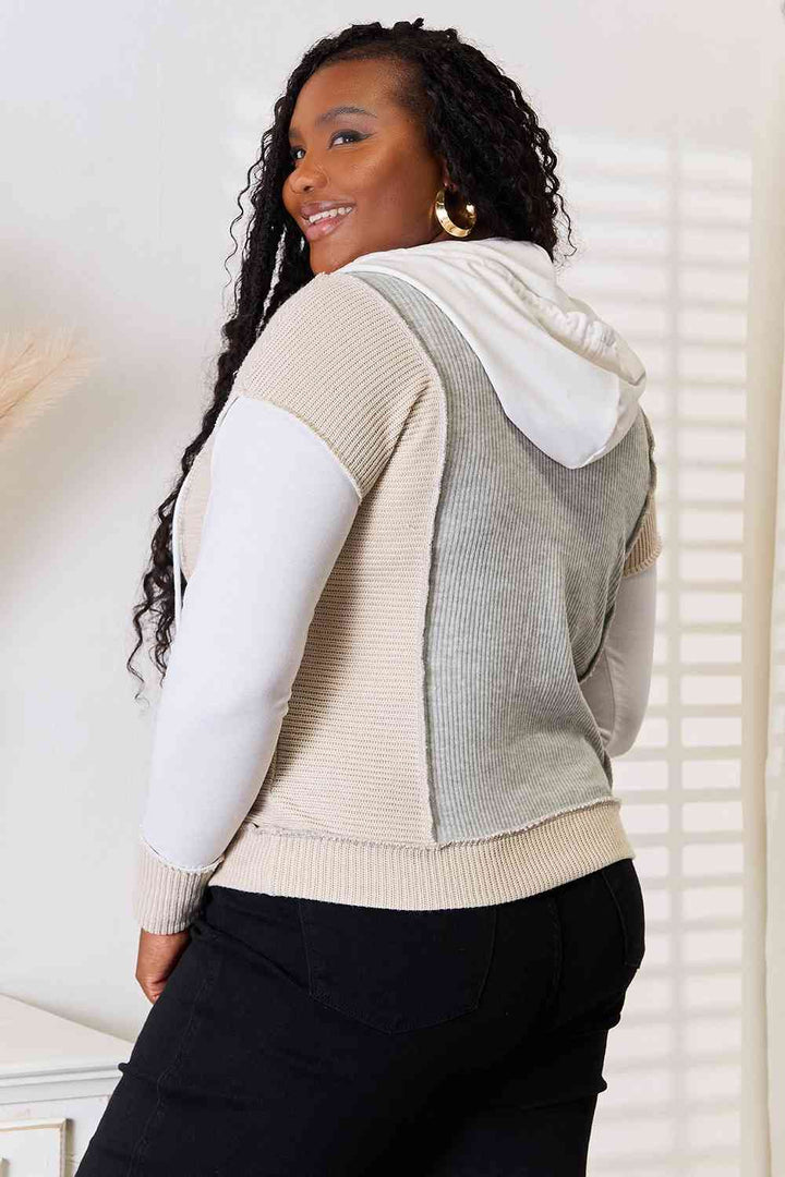 Double Take Color Block Exposed Seam Drawstring Hoodie 