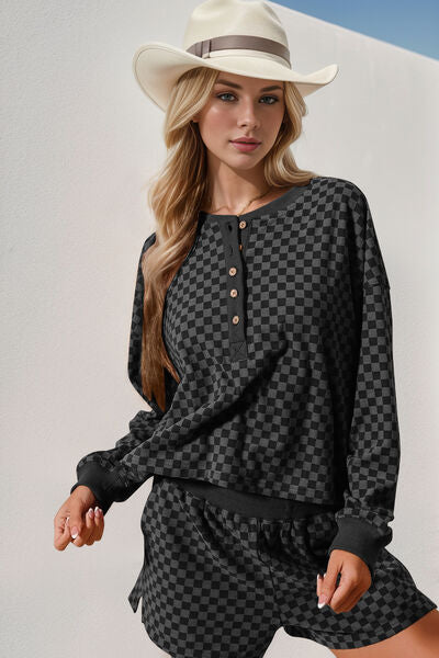 Double Take Checkered Half Button Top and Shorts Set 