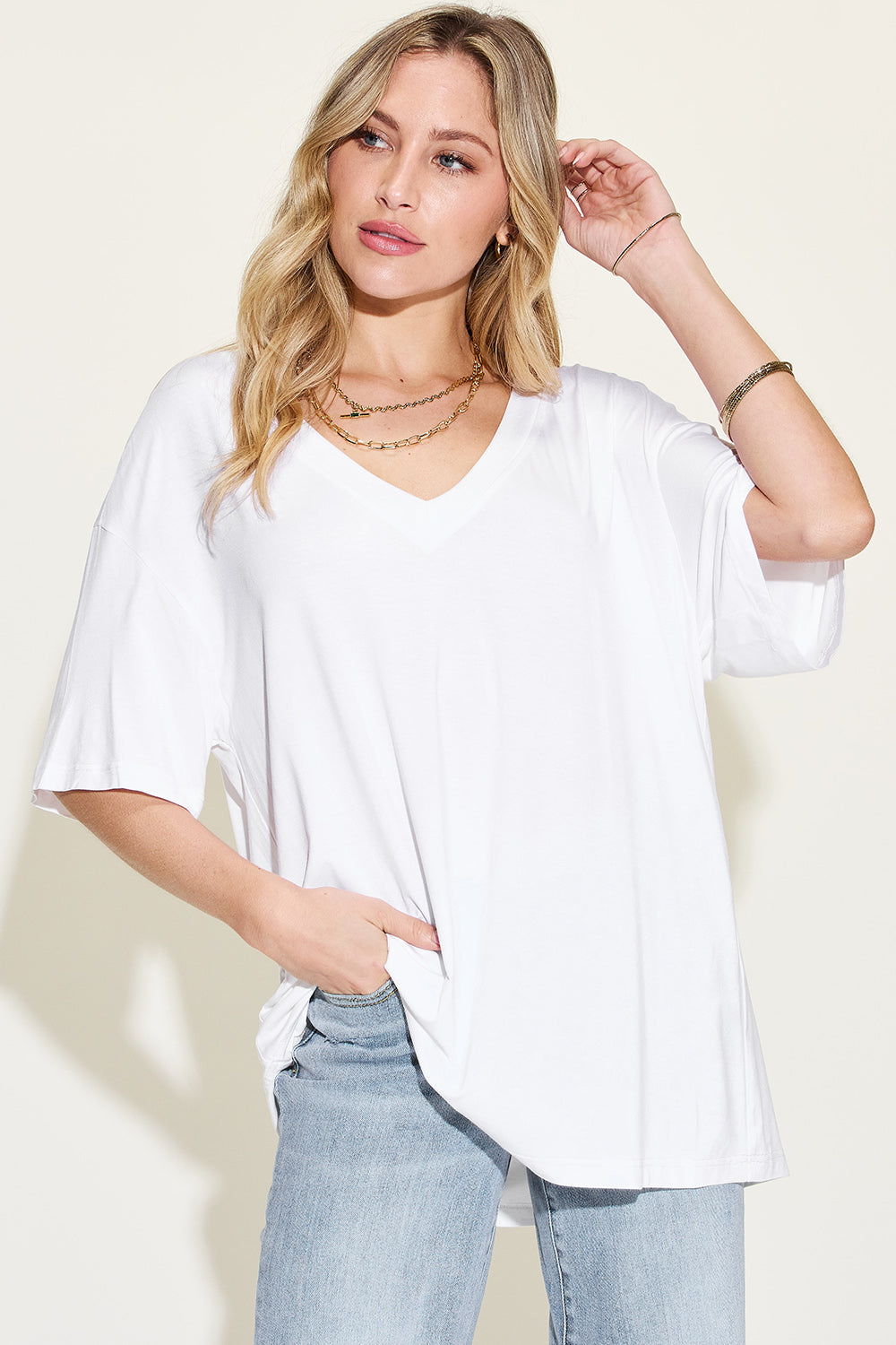 Basic Bae Full Size Bamboo V-Neck Drop Shoulder T-Shirt 