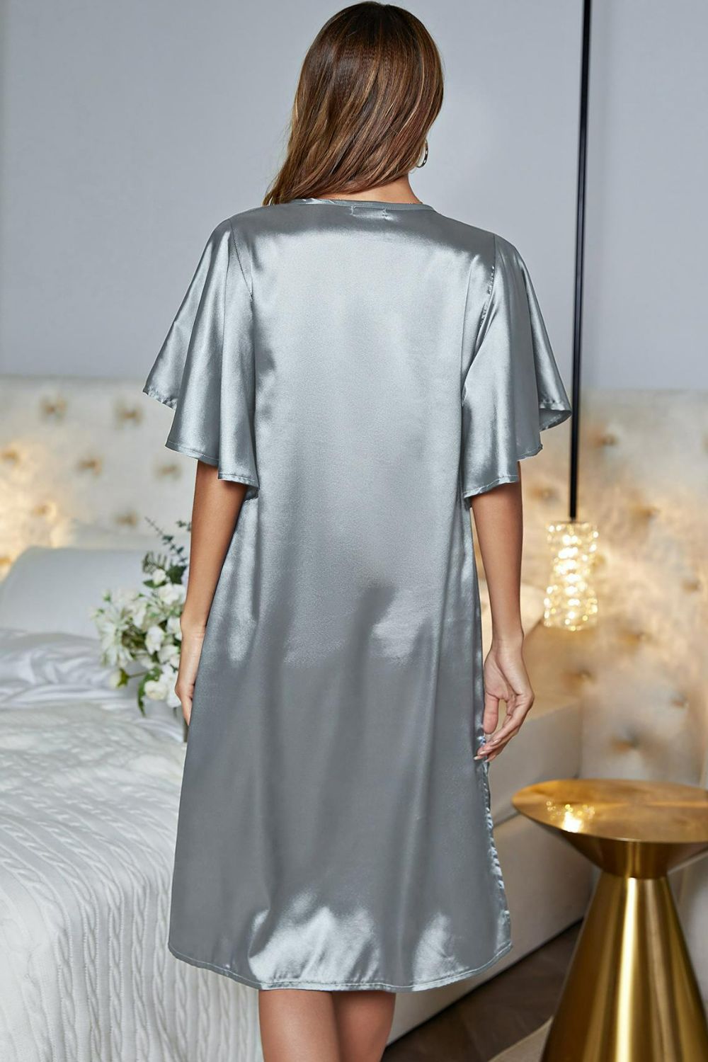 Satin Flutter Sleeve Side Slit V-Neck Night Dress 