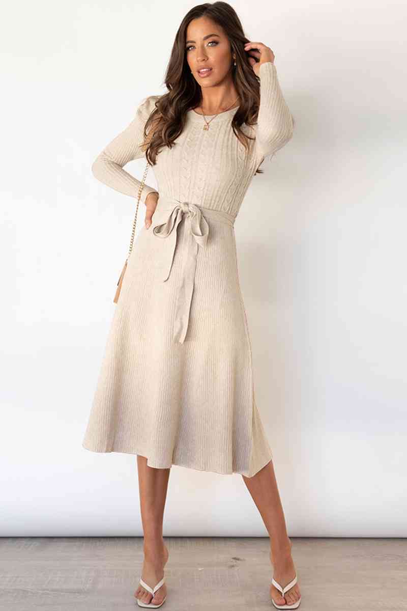 Round Neck Long Sleeve Tie Waist Sweater Dress Dresses