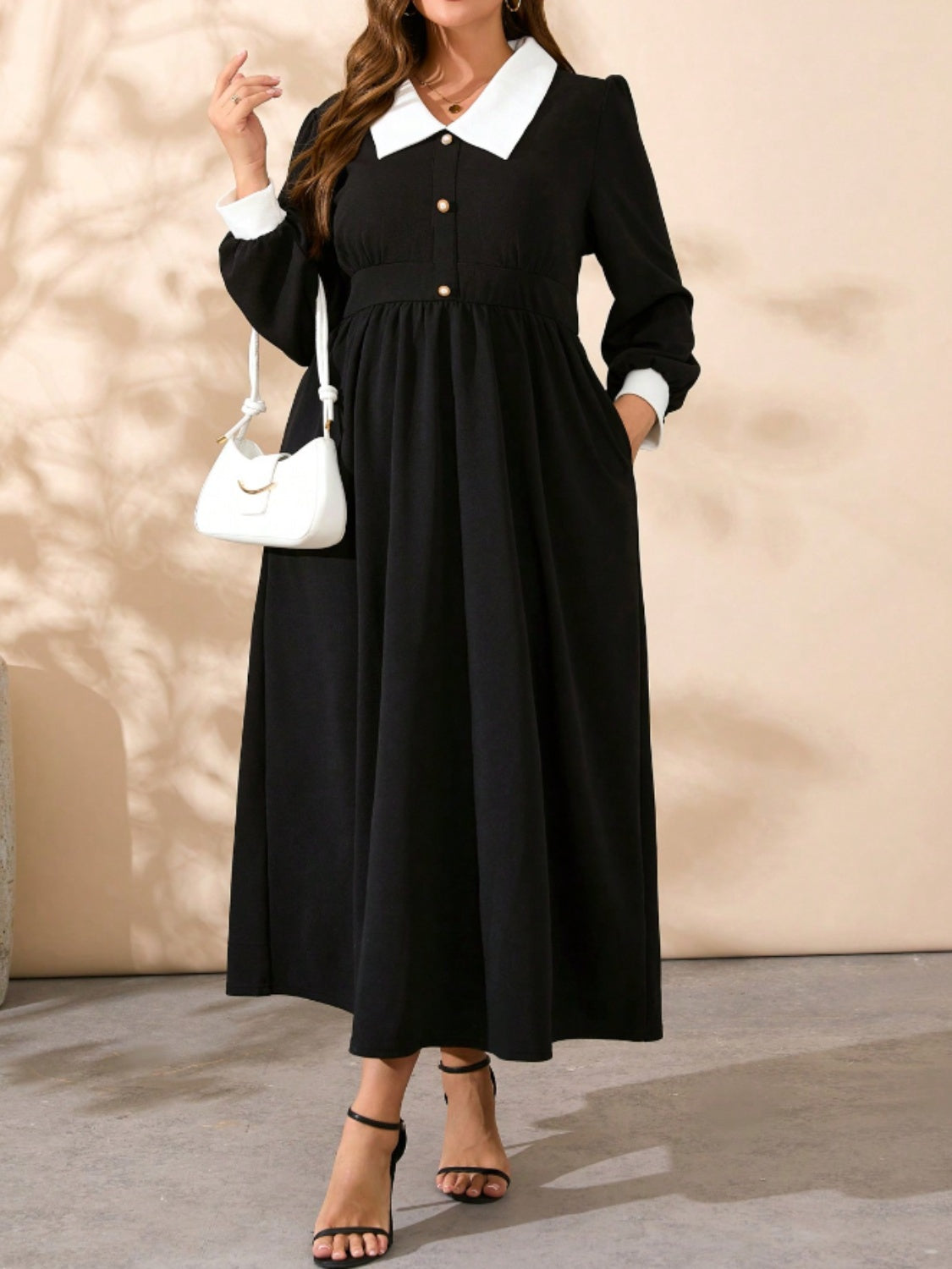 Plus Size Contrast Collared Neck Long Sleeve Midi Dress 