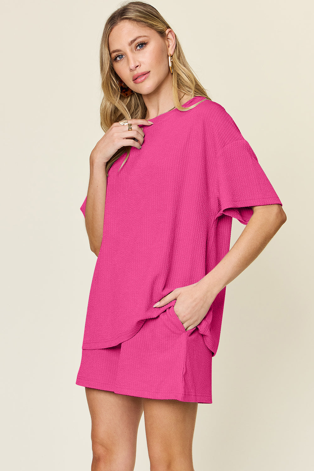 Double Take Basic style Round Neck Solid Set 