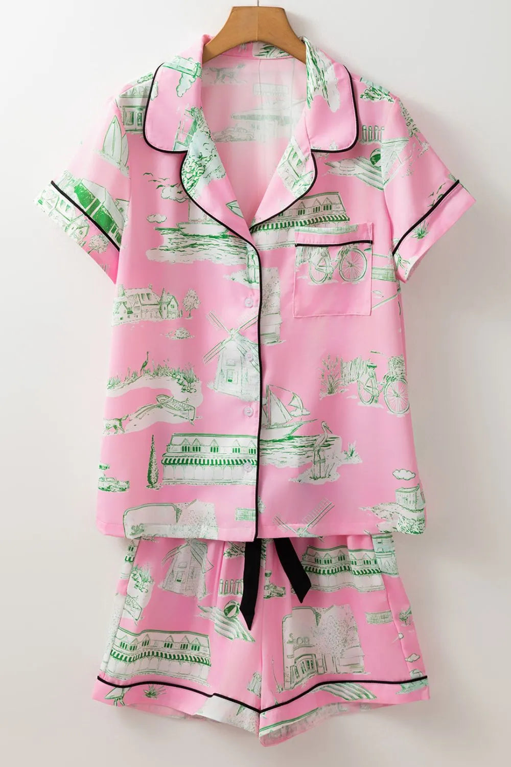 Collared Neck Printed Top and Drawstring Shorts Lounge Set Lingerie & Nightwear