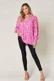 Double Take Full Size Printed Smocked Long Sleeve Blouse 