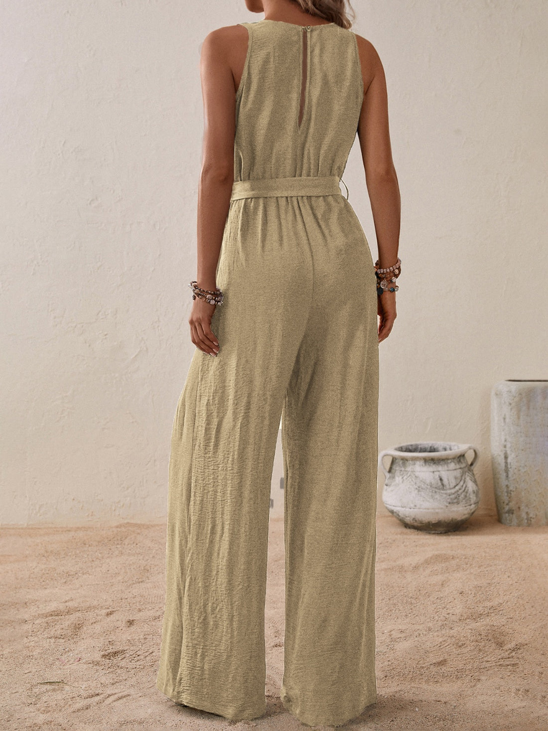 Honey Tied Surplice Sleeveless Wide Leg Jumpsuit 