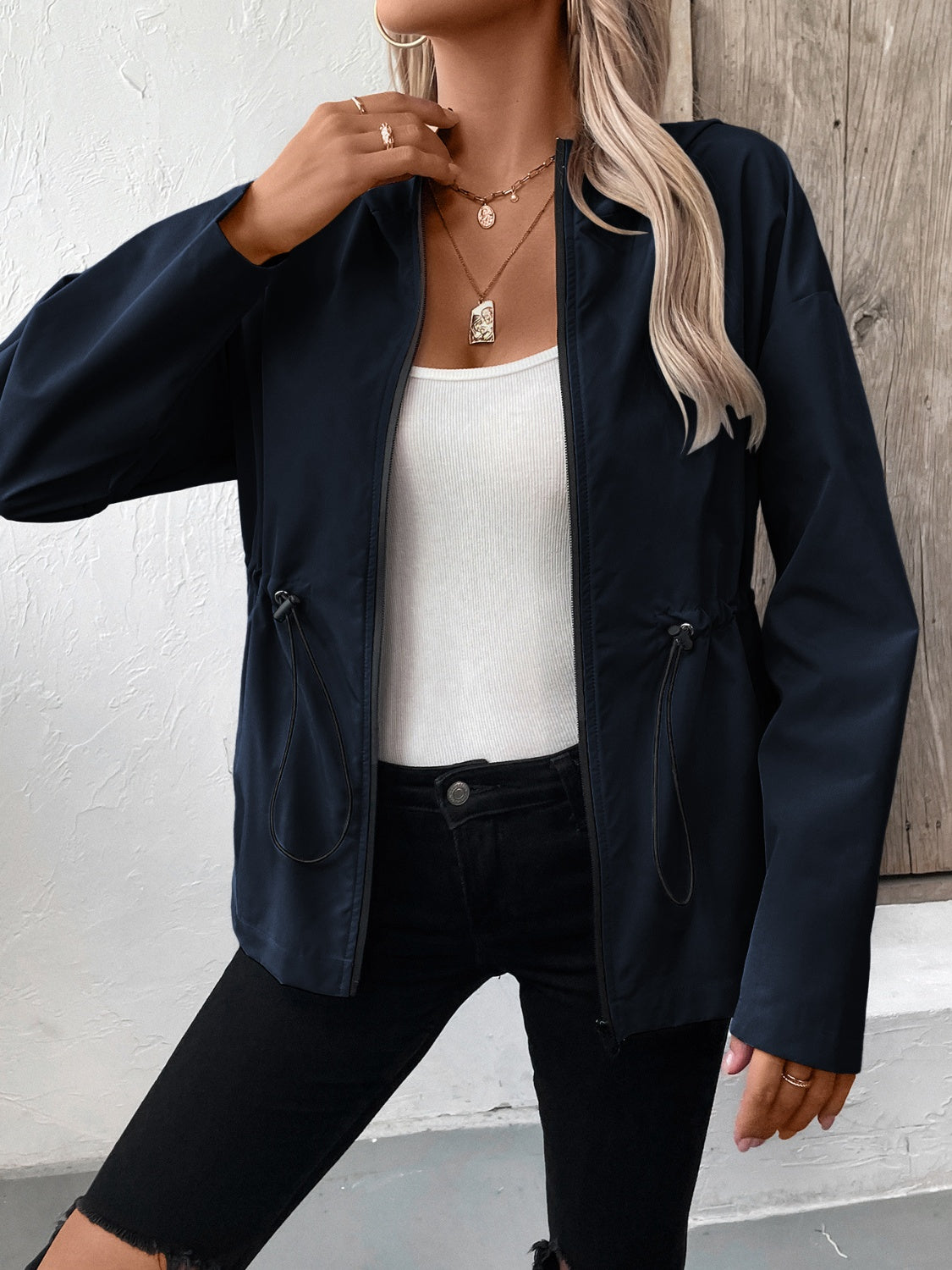 Ivy Lane Drawstring Zip Up Hooded Jacket 