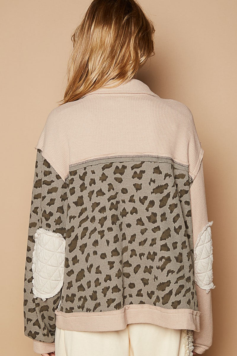 POL Leopard Exposed Seam Button Up Quilted Jacket 
