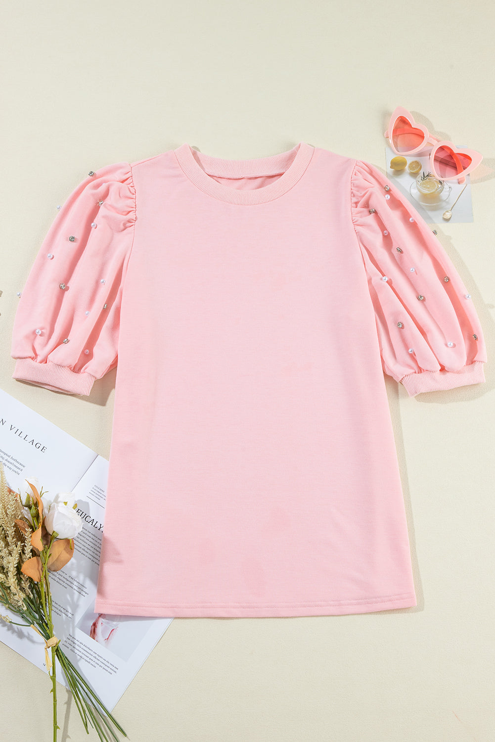 Light Pink Rhinestone Pearl Puff Half Sleeve Top Tops/Tops & Tees