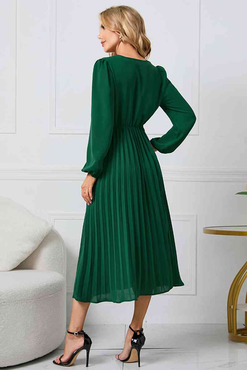 V-Neck Long Sleeve Tie Waist Midi Dress Dresses