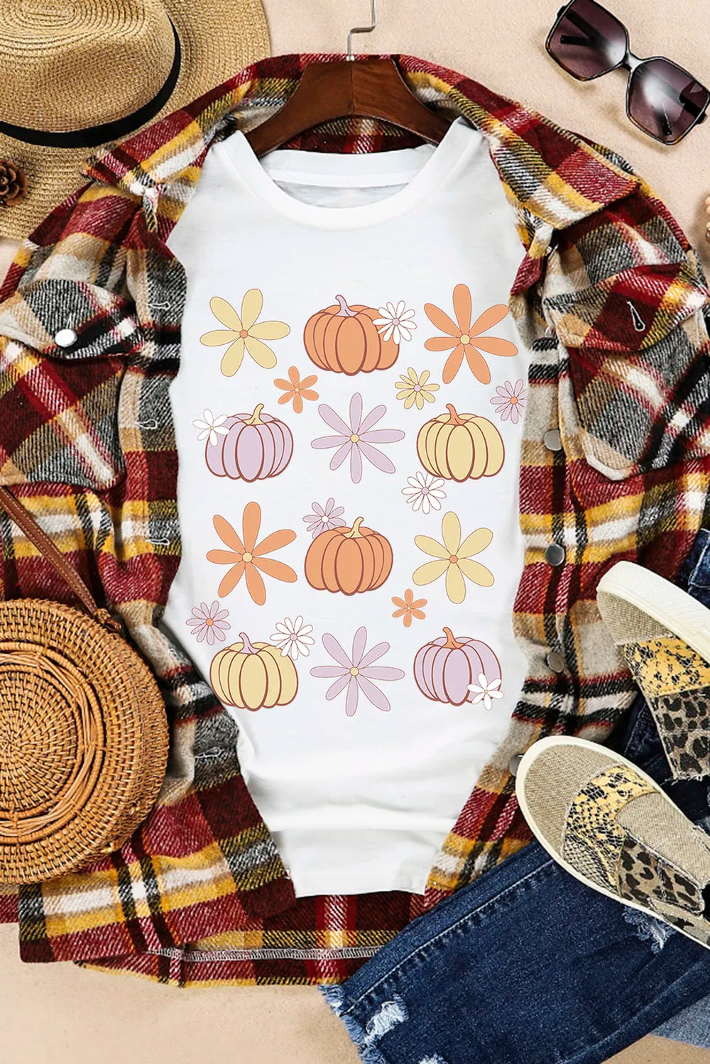 Pumpkin & Flower Round Neck Short Sleeve T-Shirt 