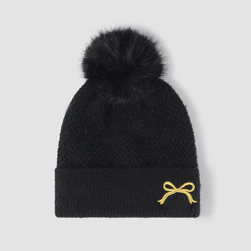 Thermal Bow Knit Hat with Pompom 