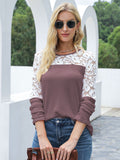 Waffle-Knit Lace Round Neck Long Sleeve T-Shirt 