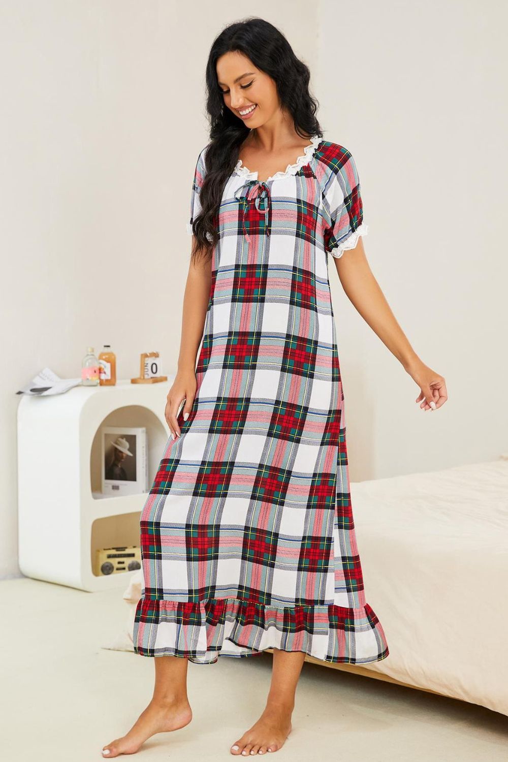 Plaid Lace Trim Ruffle Hem Night Dress 