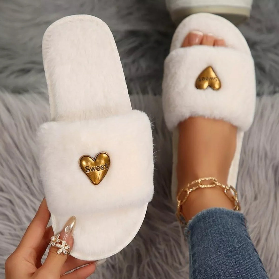 Heart Open Toe Flats Slippers 