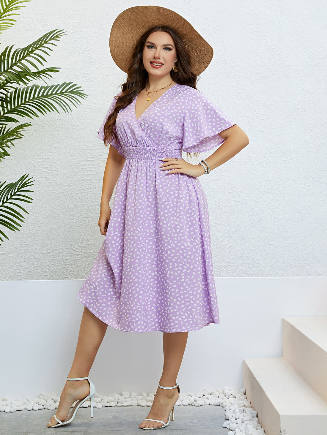 Honey Plus Size Printed Smocked Waist Surplice Dress 