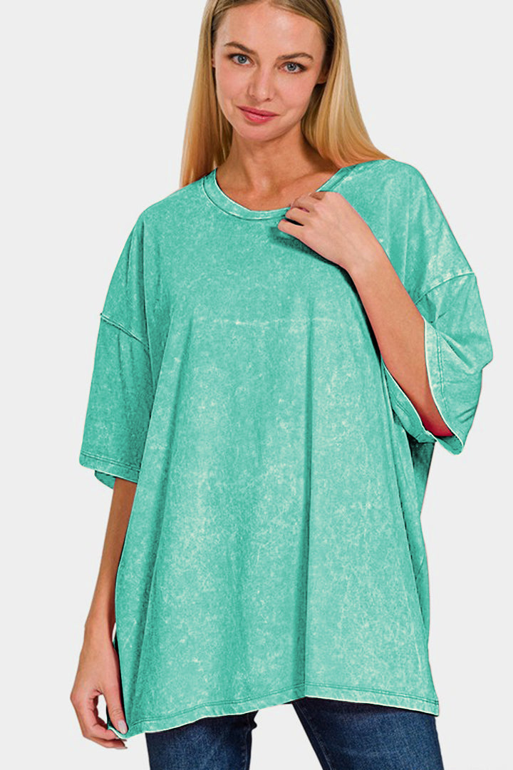 Zenana Full Size Washed Round Neck Drop Shoulder Oversized T-Shirt 