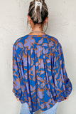Blue Floral Print Batwing Sleeve Buttoned Loose Fit Shirt Tops/Blouses & Shirts