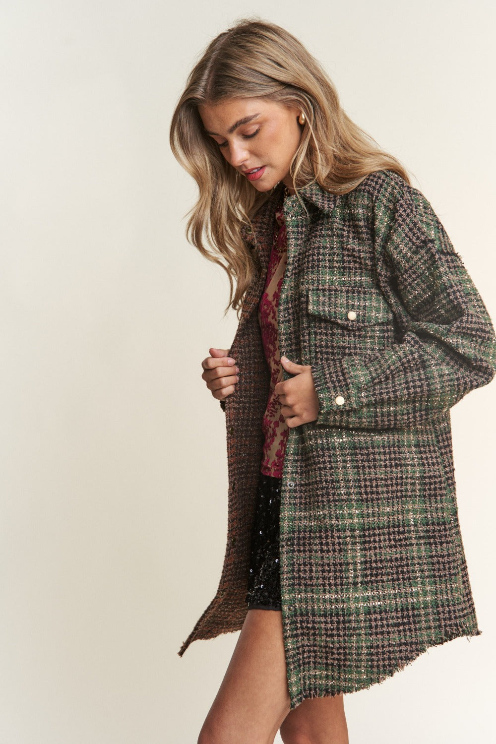 J.NNA Snap Down Tweed Plaid Contrast  Longline Shacket 