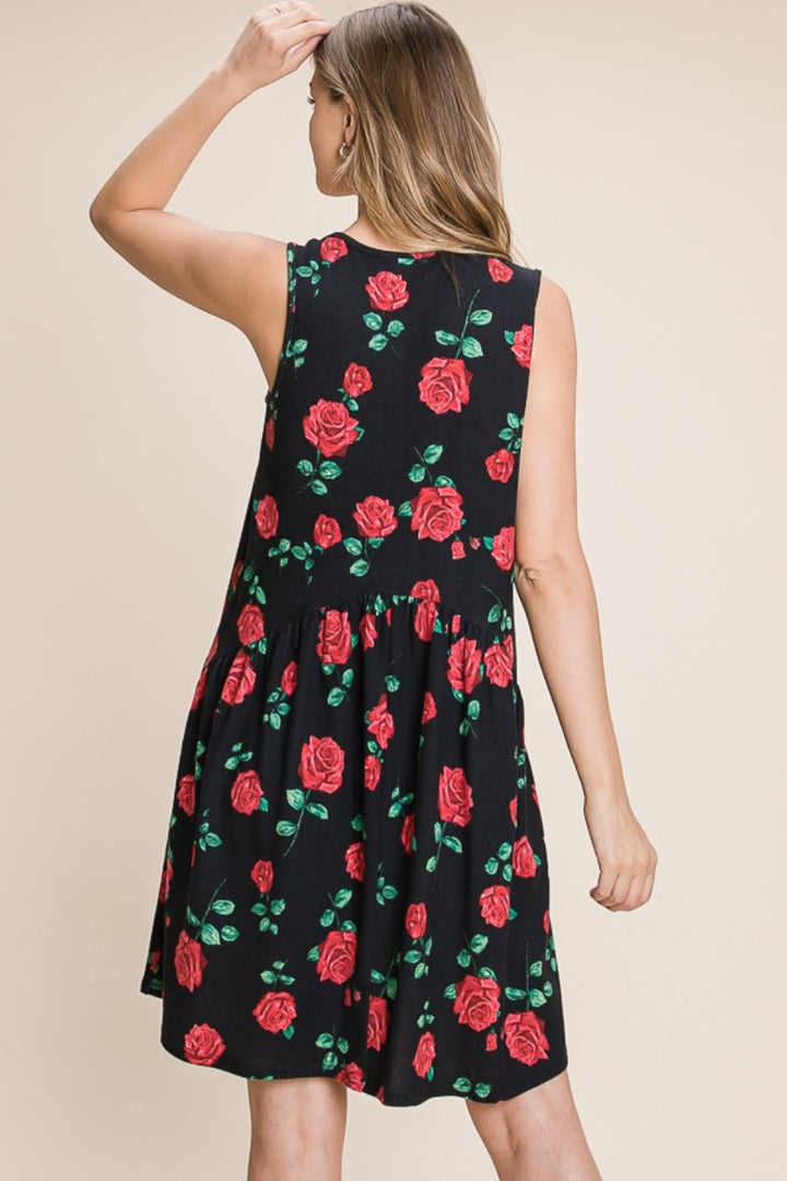 BOMBOM Floral Ruched Tank Dress 