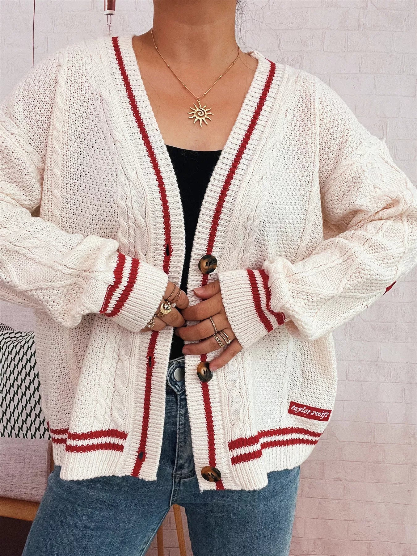 Star Pattern Button-Up Cardigan with Contrast Trim 