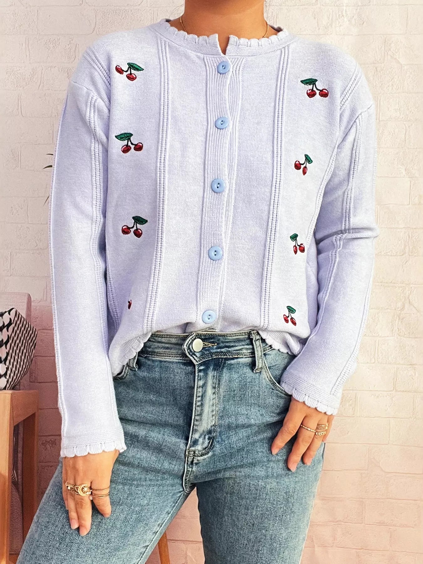 Cherry Embroidered Button Up Cardigan 