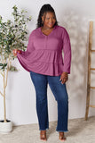 Double Take Half Button Long Sleeve Ruffle Hem Blouse 
